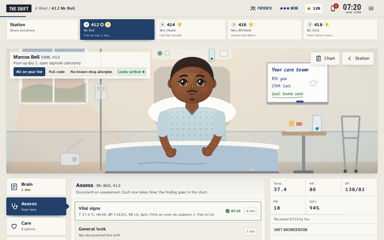A room in The Shift: a patient in bed, the IV pole, a whiteboard with the care team, and the nurse's actions below.